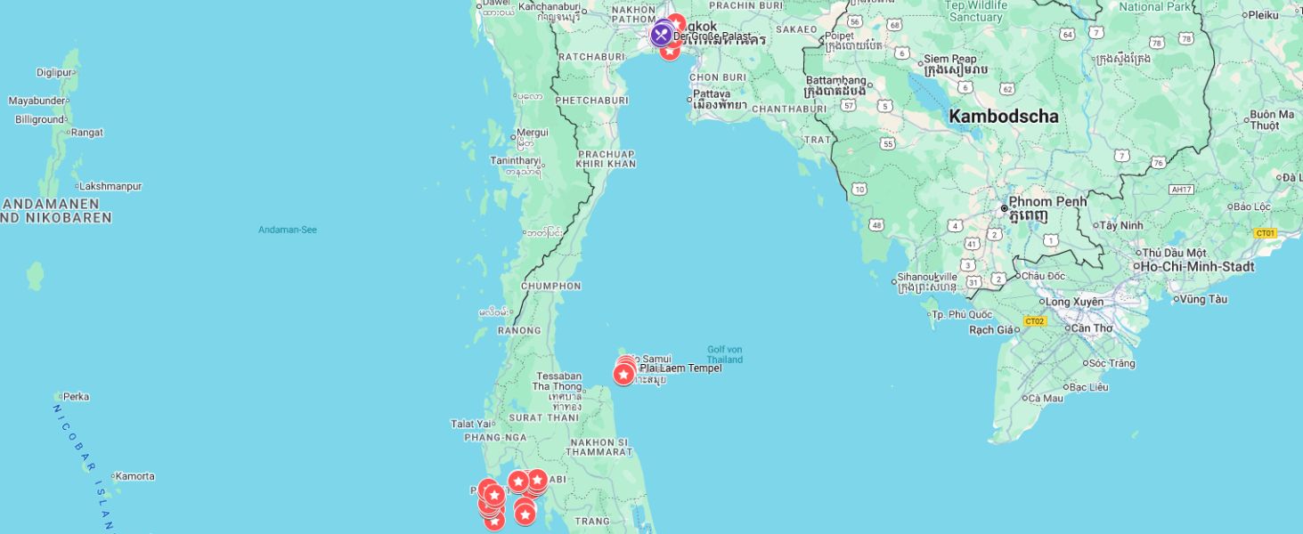 Thailand Rundreise Karte für 3 Wochen mit Route ab Bangkok